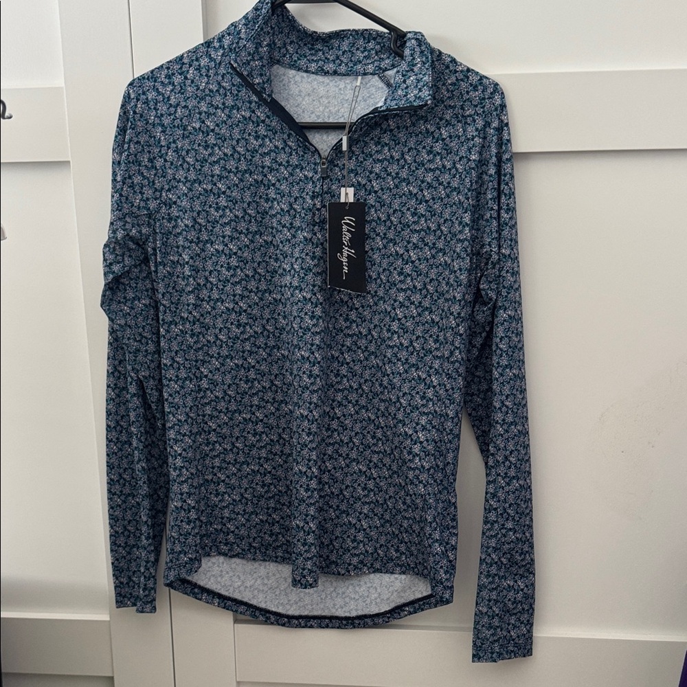 Walter Hagen Navy Blue Floral Quarter-Zip Long Sleeve Top